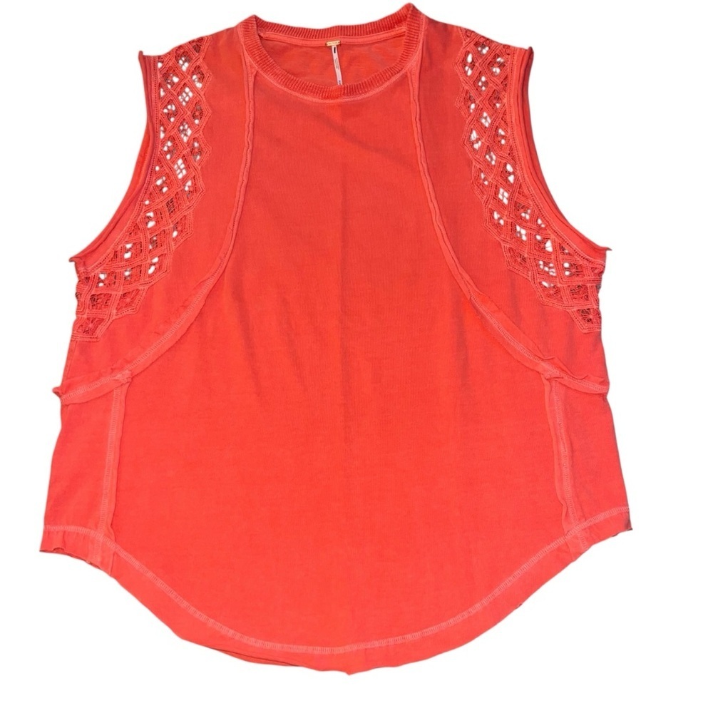 NWOT Free People Table for Two Tee Bright Coral Medium Crochet Boho Oversized